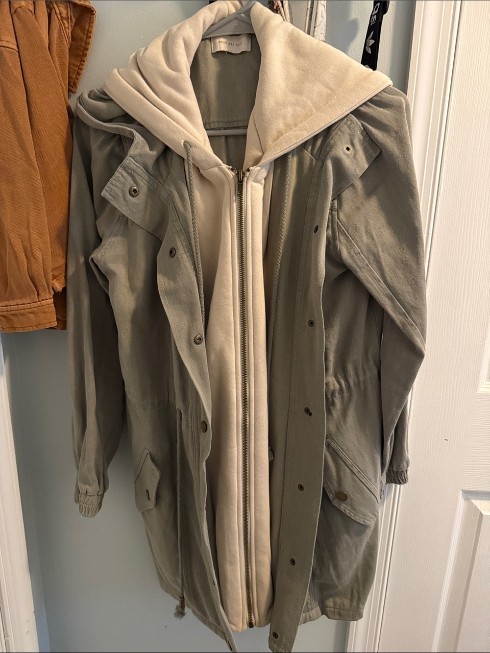 Skies Are Blue Sage Green Parka with Cream Hooded Liner
